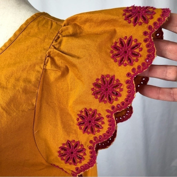 J. Crew Factory turmeric orange cotton blouse flutter sleeves eyelet lace S - Picture 3 of 10